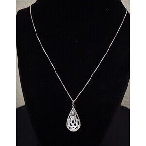 925 Sterling Silver Filigree Teardrop Pear Shaped Diamond Cut Pendant Necklace